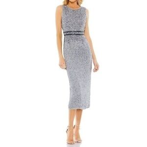MAC DUGGAL platinum high neck sleeveless beaded midi sheath dress